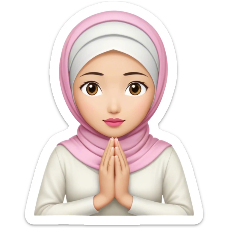 An Asian woman, white hijab women are listening with her hands folded on the table. her lips is pink. sticker