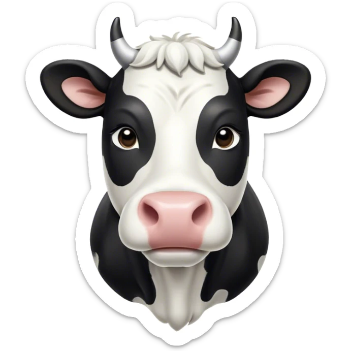 Cinematic Noble Black and White Cow Portrait Emoji, Poised and regal, with a large, sturdy build and a striking, well-groomed coat of pure black accented by crisp white patches, deep-set soulful brown eyes, Simplified yet sharp and sophisticated features, highly detailed, glowing with a soft, dignified glow, high shine, intelligent and calm, stylized with an air of modern elegance, focused and attentive, soft glowing outline, capturing the essence of a watchful and confident bovine guardian, so majestic it feels as though it could stride out of the screen with effortless authority! sticker