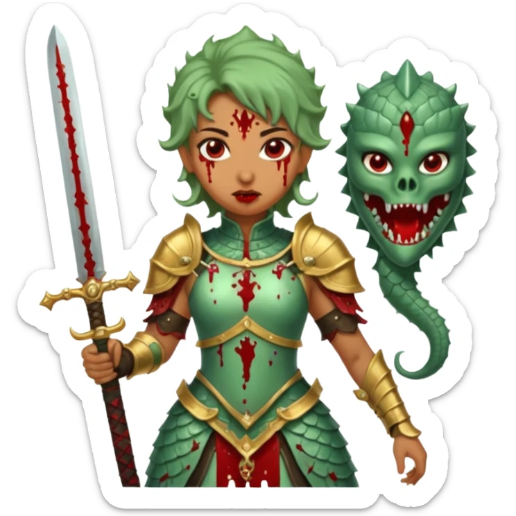 Fierce Latina in armor with a sword after a battle cutting off the head of a hydra sticker