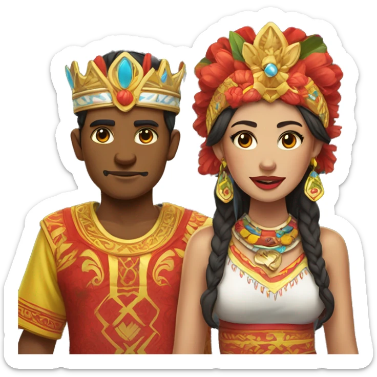 The male has a red face and fierce features, the female a white face and soft features. Both wear vibrant Betawi clothing and tall, crown-like headdresses with colorful decorations. sticker