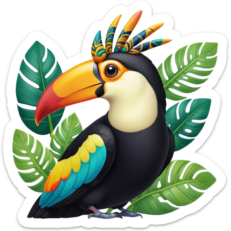 Cinematic Noble Toucan Portrait Emoji, Poised and regal, with a vibrant, striking beak and a sleek, colorful body adorned with bold patterns and keen, observant eyes, Simplified yet sharp and sophisticated features, highly detailed, glowing with a soft, tropical radiance, high shine, intelligent and majestic, stylized with an air of exotic elegance, focused and alert, soft glowing outline, capturing the essence of a watchful and confident avian guardian that appears ready to take flight out of the screen with effortless authority! sticker