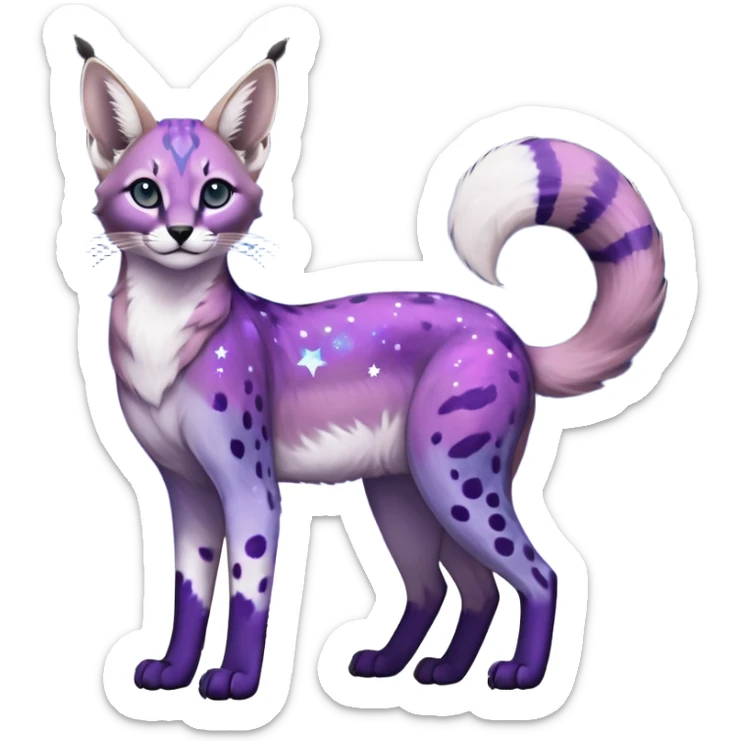 Colorful black-violet-indigo-purple-gradients nebulae nebula starry galactical shiny white-stars-spotted glorious iridescent divine exotic cute cool beautiful realistic caracal-genet-sergal-vernid-Cacomistle-Trico-oncilla-animal-Fakémon-hybrid-fursona (full body) sticker