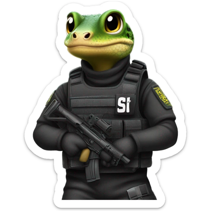 a gecko as an S.W.A.T member with a bulletproof vest which says S.W.A.T. sticker