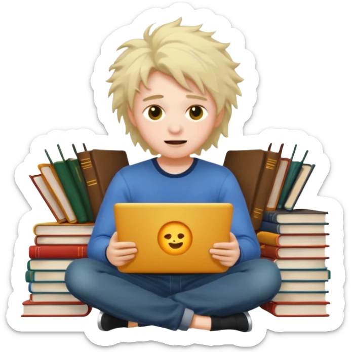a student crashing out with the laptop on the lap and books on the side -  an emoji for the emoji keyboard  sticker