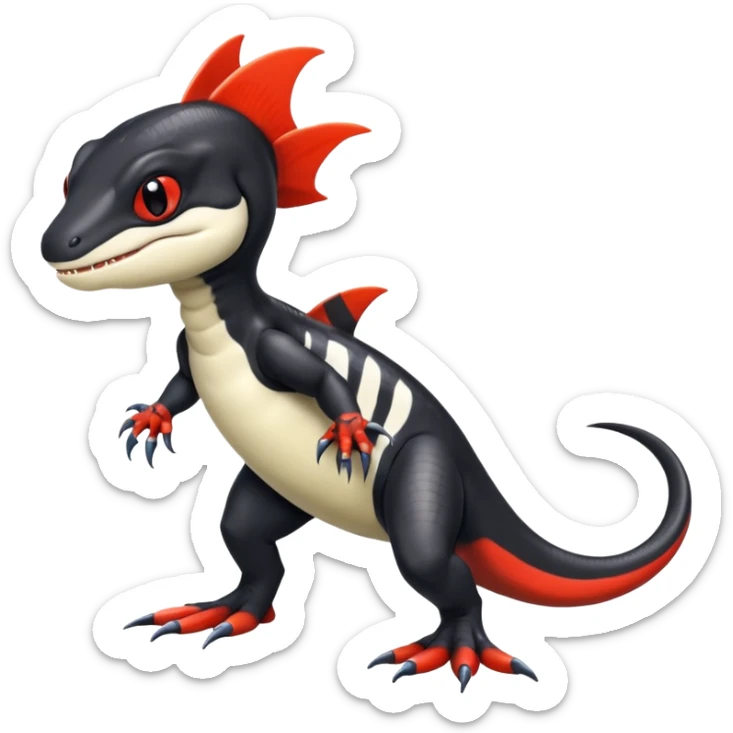 Black and white Orca-reptile-reptilian-lizard-skink-gecko-Digimon-Fakémon-hybrid full body, two legs, two arms, claws, tail, with red stripe sticker