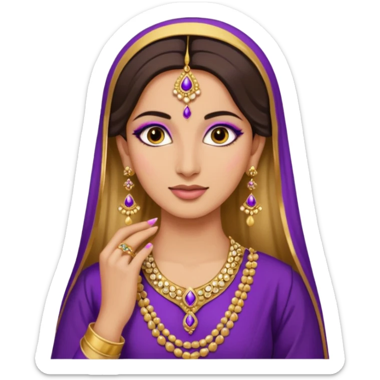 she put on her makeup and golden earrings as well as a purple and golden shalwar kameez sticker