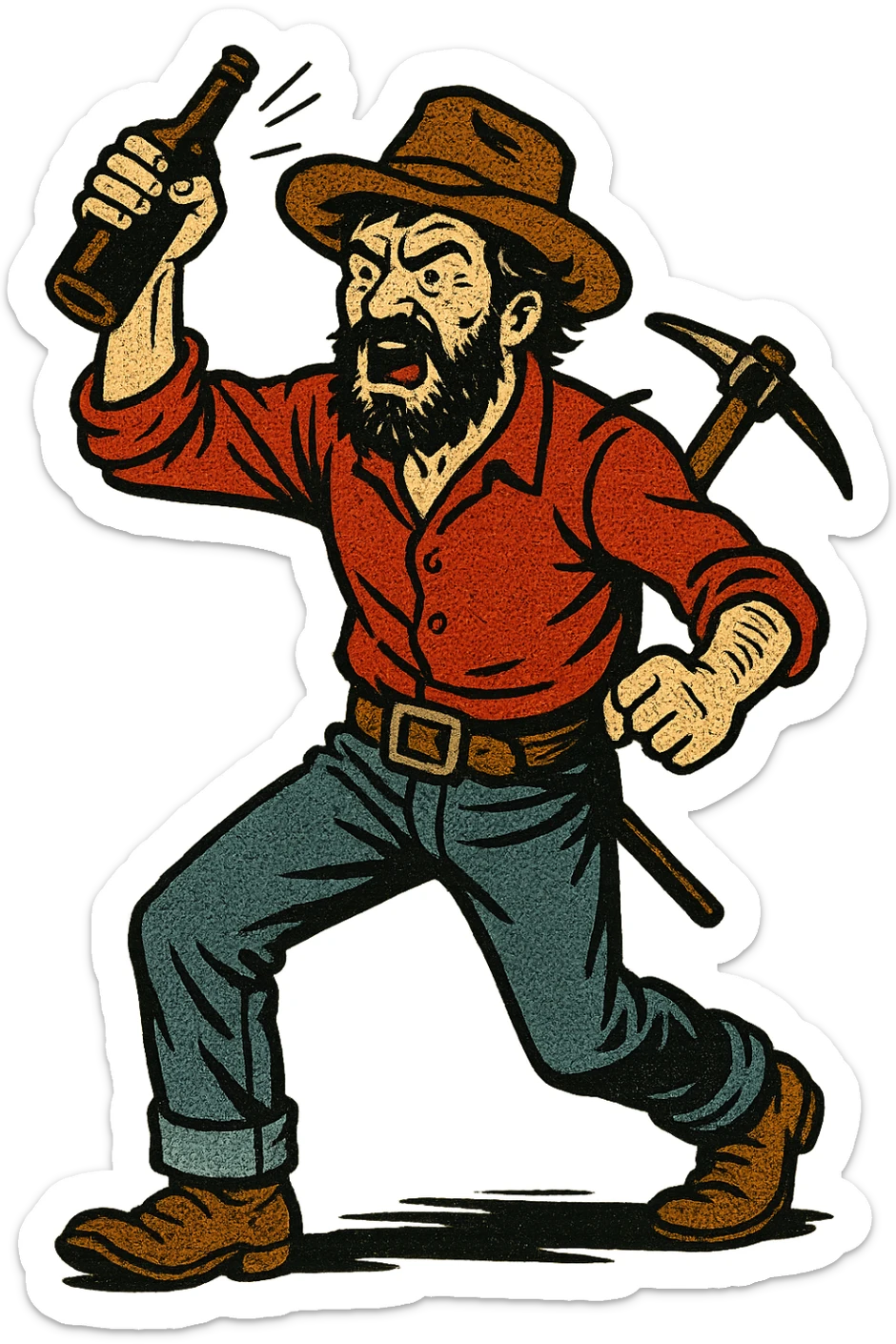 The full body of a drunken, aggressive gold prospector from the American West during the Gold Rush sticker