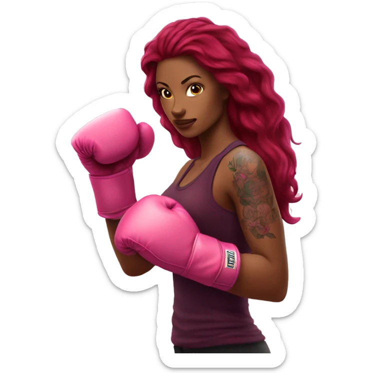 Beautiful tattooed  burgundy long haired woman boxing with pink gloves sticker