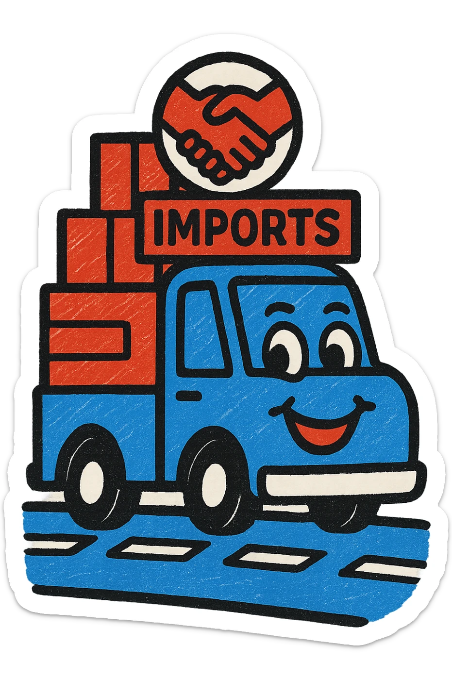 A cheerful icon of a truck driving on a highway with imported goods and a partnership symbol, using only colors #1E90FF, #F13816, and #FFFFFF sticker
