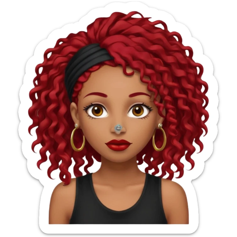 light-skinned black girl with very long eyelashes with long curly dark red hair with edges wearing a black top with no sleeves. and a red accessory on her head with nose and mouth piercings and is a baddie and looks like a bad girl. sticker