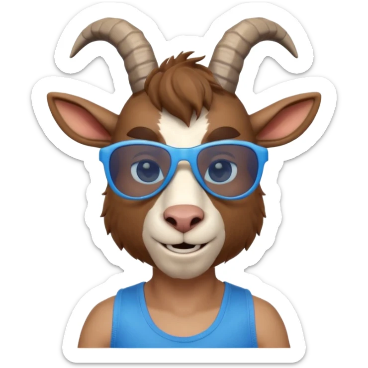 3D cartoon goat man portrait, head and shoulders, brown fur, small horns, blue reflective sunglasses, slight smile, tank top, soft lighting, centered, clean background, no text, no watermark
 sticker