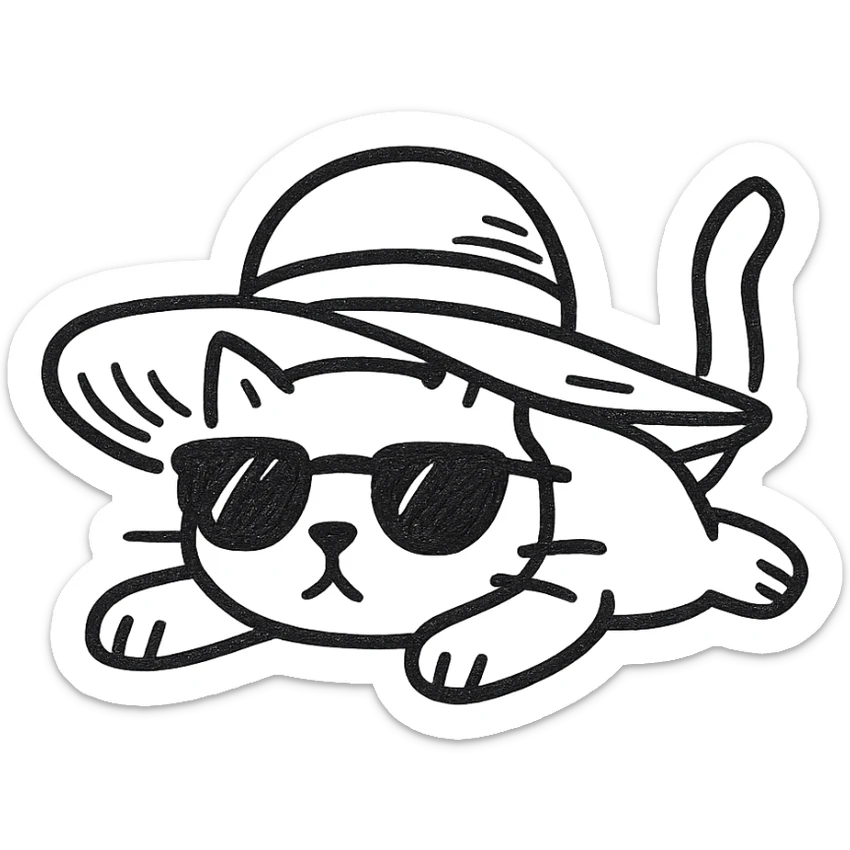 a cat in a summer panama hat with large brim, wearing sunglasses, lying on its stomach with its head resting on the ground sticker