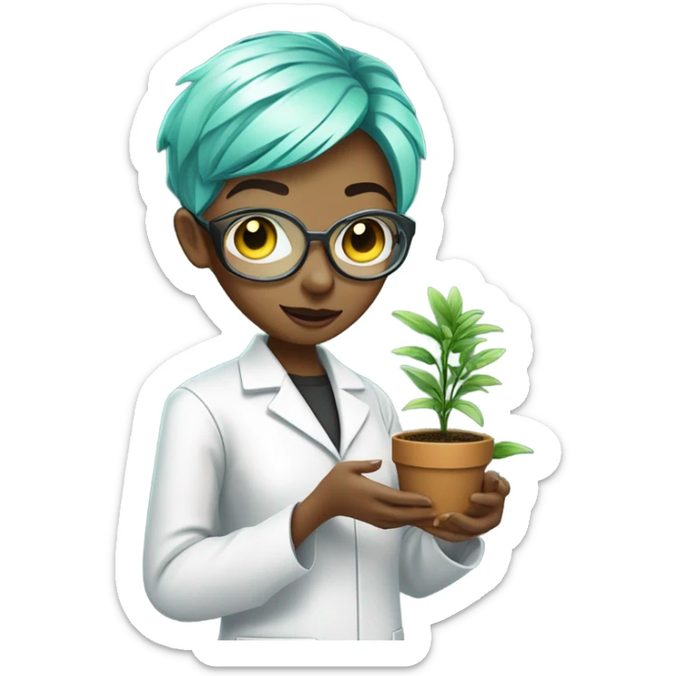 cybernetic scientist wearing a lab coat and holding a small plant, woman with green pixie cut with undercut sticker