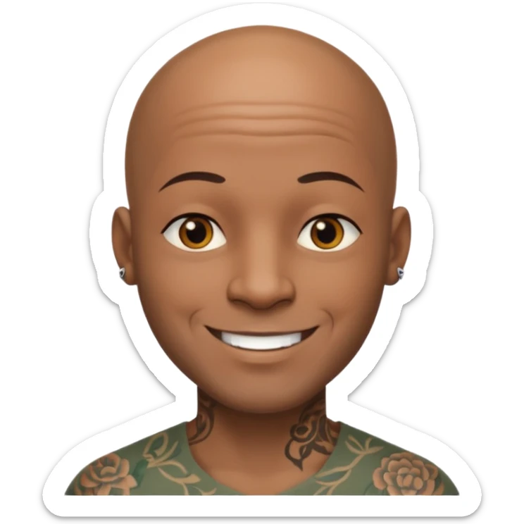This is a cartoon-style avatar of a bald man with dark skin, golden-brown eyes, and several tattoos on his face, smiling with a lightly smile expression. sticker