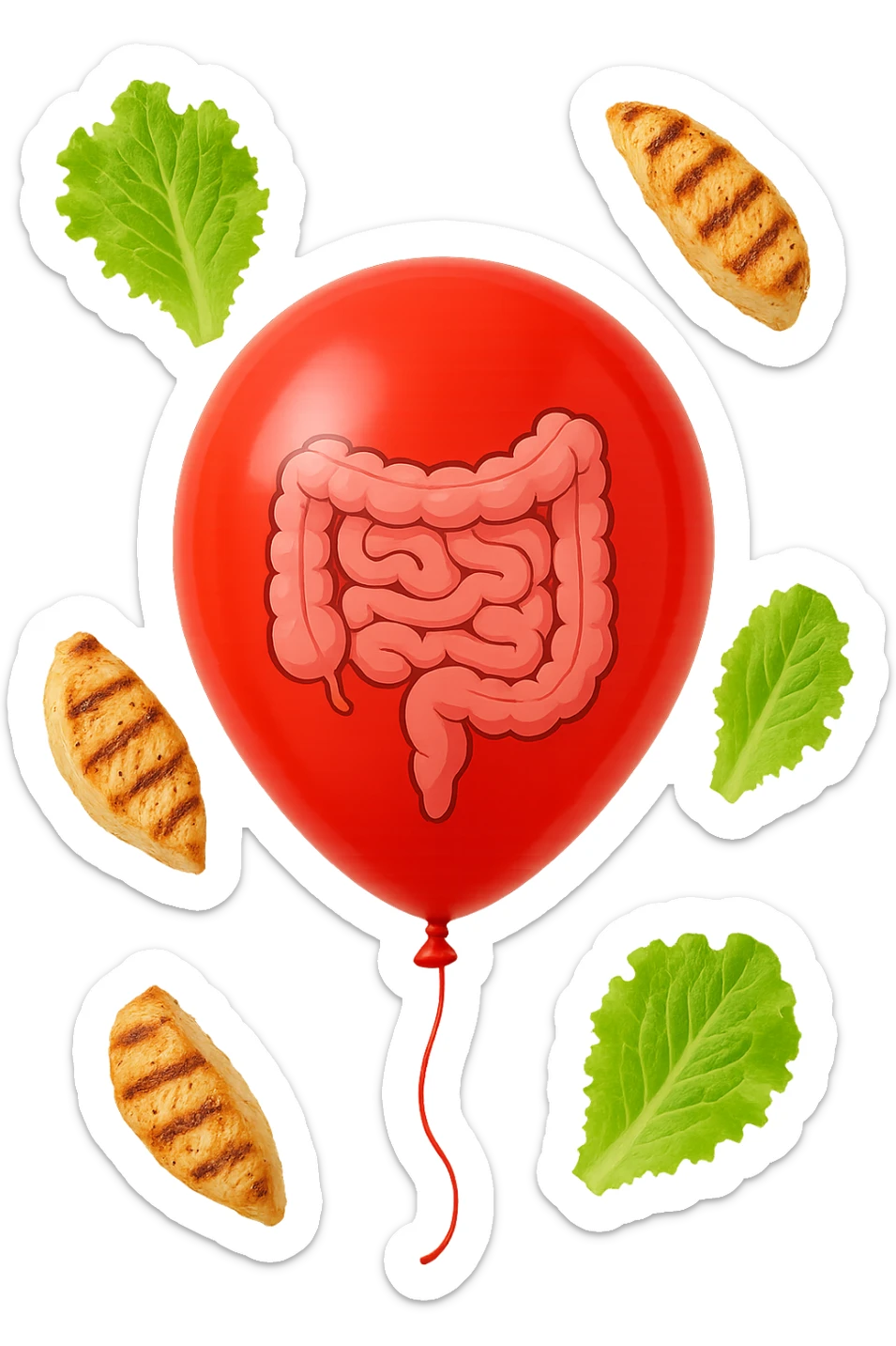 intestino chiuso in un palloncino rosso e foglie di insalata e petto di pollo grigliato che fluttuano intorno sticker