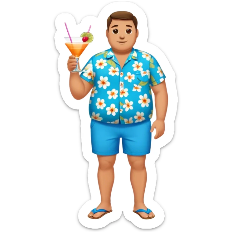 chubby guy full figure in a flowered azure havai shirt, brown shorts and flippers holding a cocktail sticker