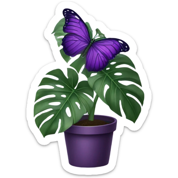 monstera in an aesthetic dark violet pot and on the leaf is an violet butterfly sticker