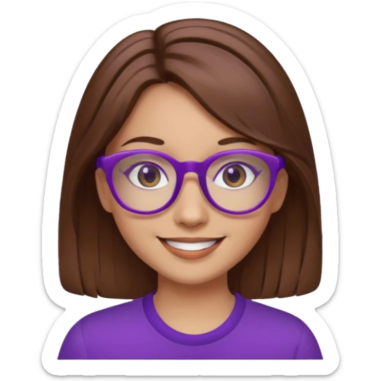 a girl with brown hair that is long and wears purple glasses sticker