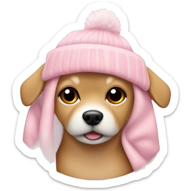 small tan colored dog wearing a soft pink beanie with a pom pom bundled in a pink christmas blanket sticker