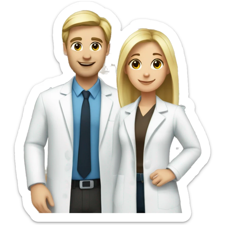 blonde female pharmacist and white male chemist with brunette hair in love sticker