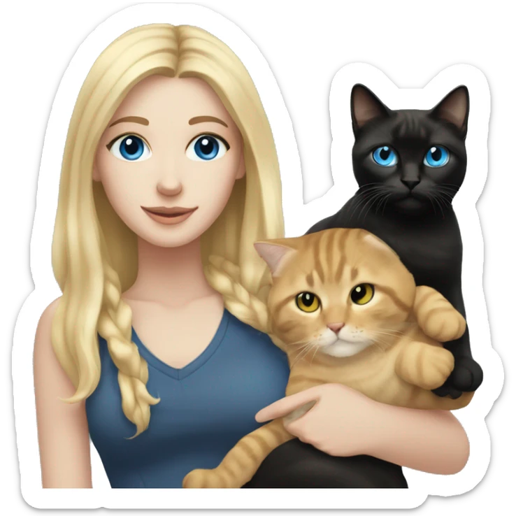 White girl, long blonde hair, blue eyes holding a black tabby cat sticker