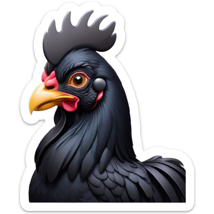 Cinematic Noble Black Rooster Portrait Emoji, Poised and regal, with a robust, commanding build and a sleek, well-groomed pure black plumage, deep-set soulful piercing eyes, Simplified yet sharp and sophisticated features, highly detailed, glowing with a soft, dignified glow, high shine, intelligent and proud, stylized with an air of mysterious majesty, focused and attentive, soft glowing outline, capturing the essence of a watchful and confident leader, so majestic it feels as though it could crow out of the screen with effortless authority! sticker