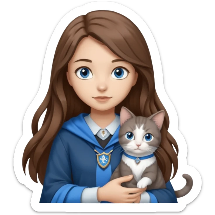 gorgeous Girl with light skin, blue eyes, long brown hair, wears a ravenclaw outfit, with a grey and white cat holding in her arms sticker