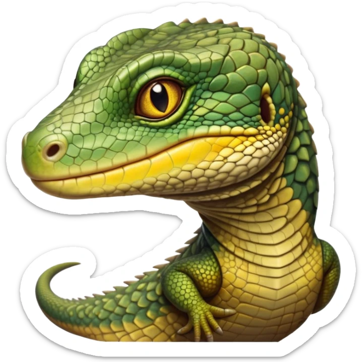 cinematic-realistic-cute-monitor-lizard-portrait-emoji,-head-tilted-playfully-and-inquisitively,-featuring-a-compact,-agile-body-with-finely-detailed,-glossy-scales-in-earthy-olive-hues-and-a-distinct,-alert-face-with-bright,-curious-eyes, yellow, brown spotted and green multi coloured  scales sticker