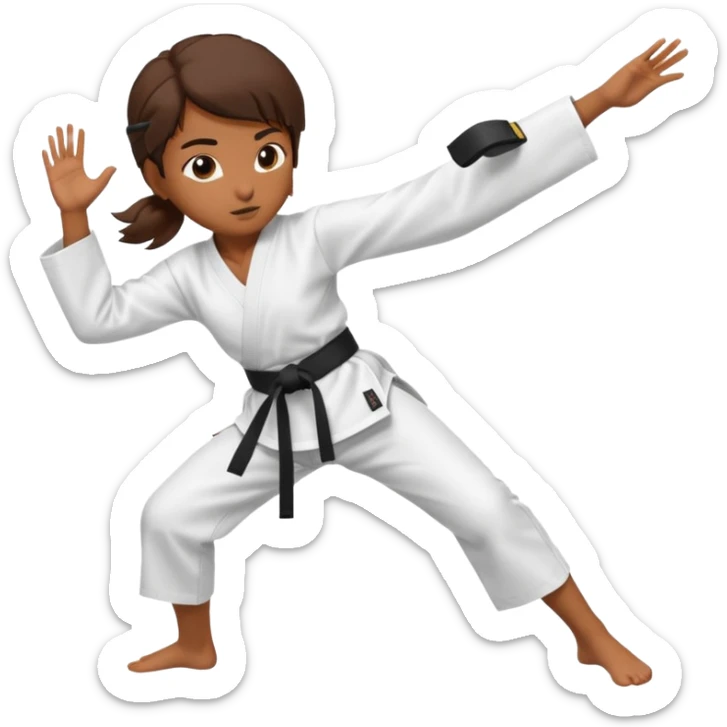 Ragazza castana che pratica karate, ha la cintura nera ed io tradizionale kimono bianco del karate, tira un calcio laterale oppure un pugno oppure è in posizione di guardia sticker