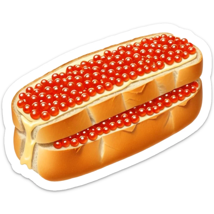 Apple style 3D emoji of a slice of fresh baguette with creamy butter and a generous layer of shining red caviar.
Realistic textures but in a clean 3D icon style. Soft reflections on the caviar pearls, delicious look, isolated on a white background. sticker
