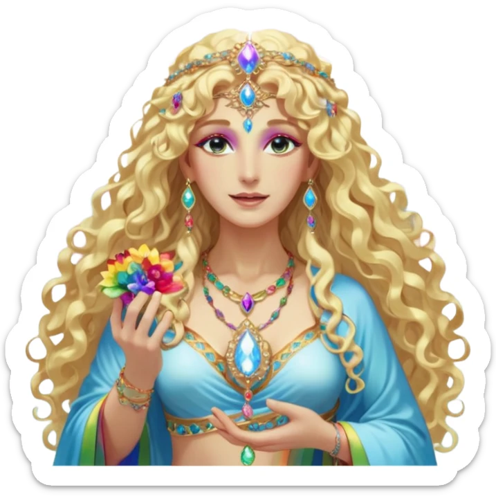 a being made of light pleidian nordic long faces and curly huge thick blond hair but beautiful features of light wearing jewels and a rainbow halo like a saint arount her a robe on made of light and gem  transparent belly dancer and who is lanky holding a bouquet of crystal flowers on rainbow fire sticker