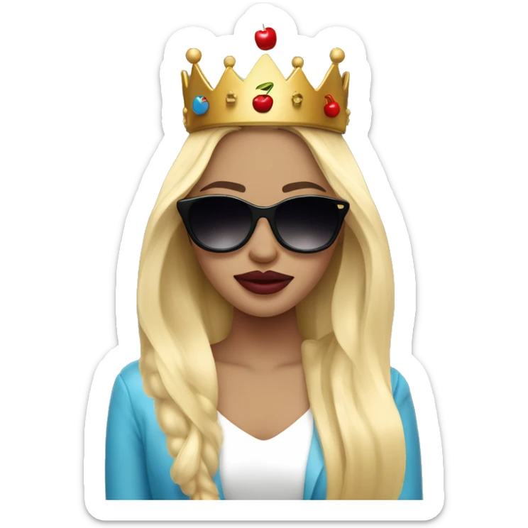girl long blonde hair blue eyes and cherry lipstick wearing a crown and black sunglasses that cover her eyes sticker