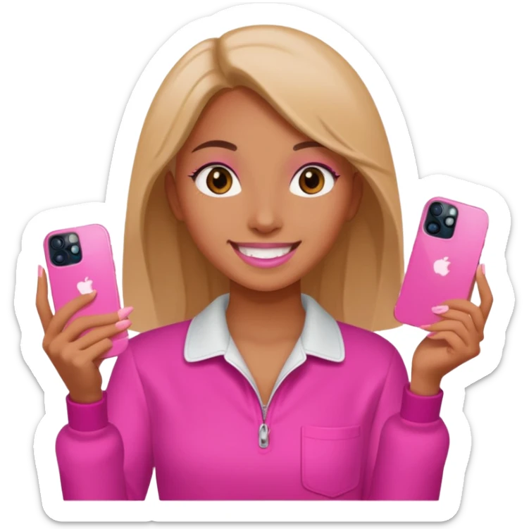 chica "baddie" con un iphone 13 rosa en la mano como sacando foto sticker