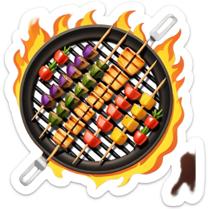 Grilled dishes avatar in bright emoji-style illustration. Skewers, BBQ, and grilled vegetables, warm fire tones, simple shapes, flat design, high contrast, tasty and inviting. sticker