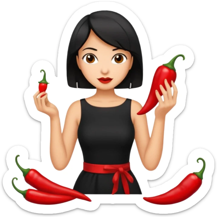 black short shoulder length hair tanned woman, black dress cooking, holding chili pepper sticker