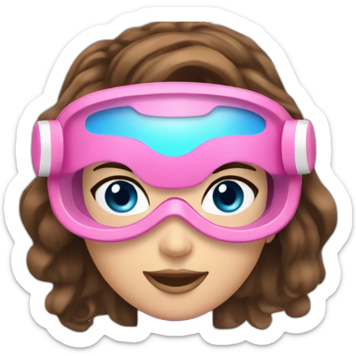 woman large and straight brown hair, pink diving mask with a single crystal with blue eyes. underwater swinsuit sticker
