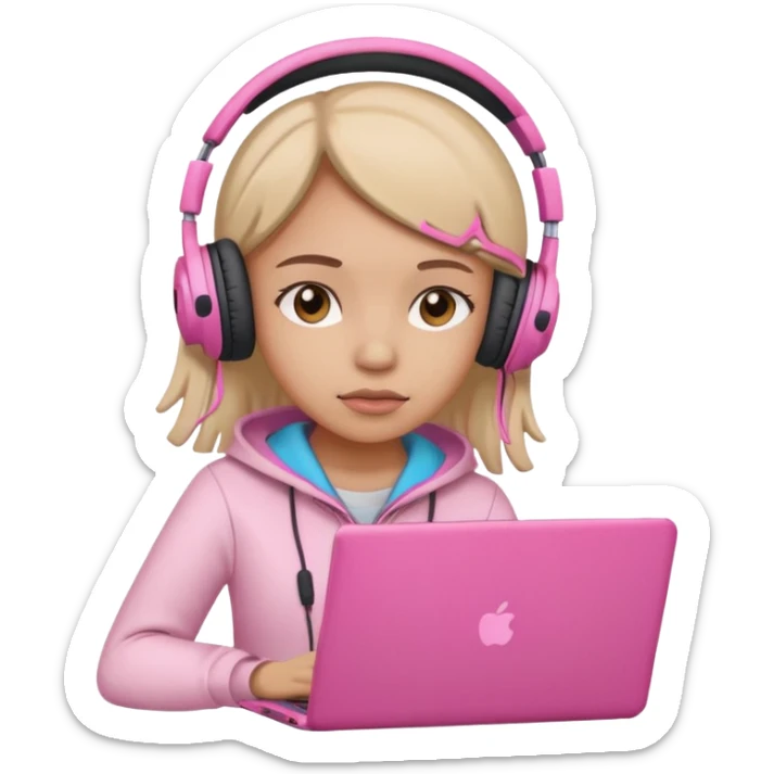 a girl with a pink laptop with headphones, color outline icon style, looking sad sticker
