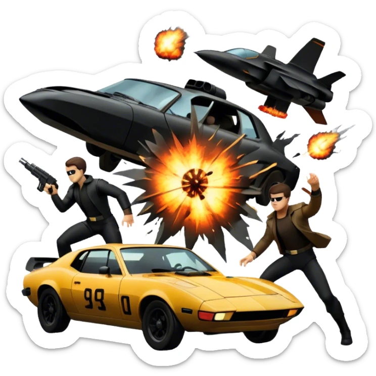 Photorealistic Icon for Action Movies: Dynamic collage of iconic action movie scenes featuring explosions, fast cars, combat, and weapons. Include silhouettes of famous action heroes, dramatic lighting, and a sense of high-octane energy. Transparent background. sticker