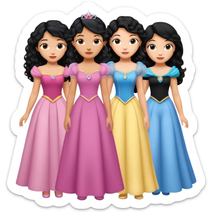 Haz algo relaciono con Disney donde haya quatre chicas con el tono de piel carne, una con el pelo rizado largo, una con el pelo muy corto negro, una con el cabello ondulado mediano y la otra con el pelo negro largo sticker