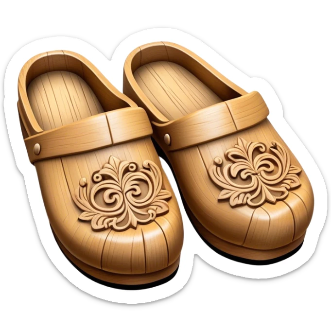 Cinematic Realistic Wooden Clogs Emoji, depicted as a pair of traditionally carved weathered wooden clogs with intricate details and rustic charm, rendered with rich textures and warm natural lighting that captures their cultural heritage. sticker