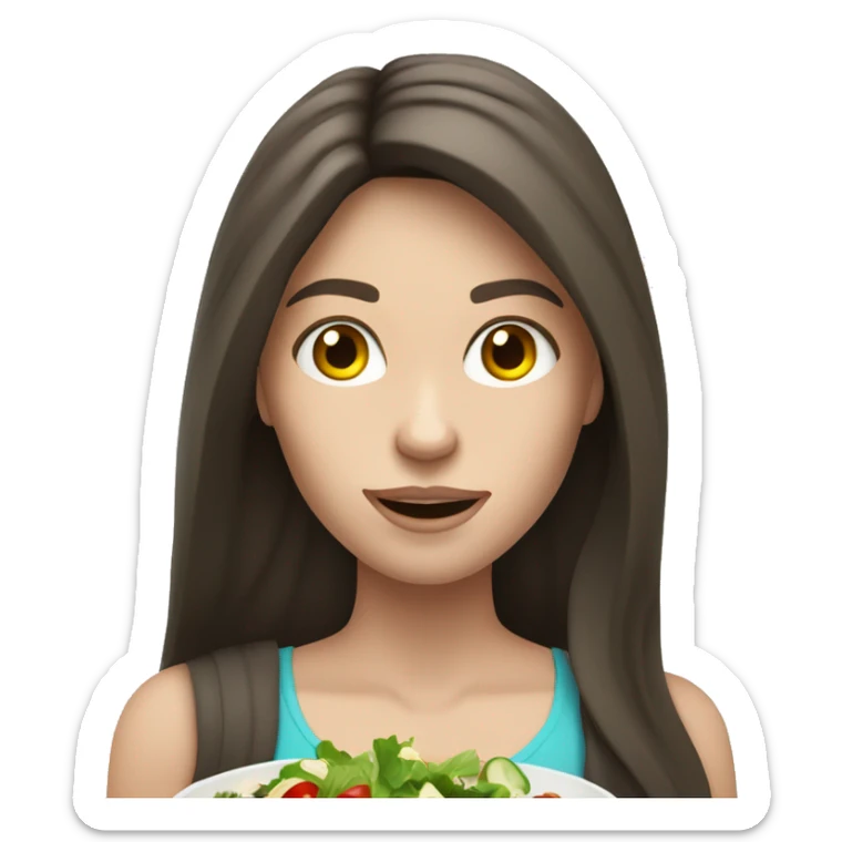 Muscle long hair brunette girl with pale skin eating salad sticker