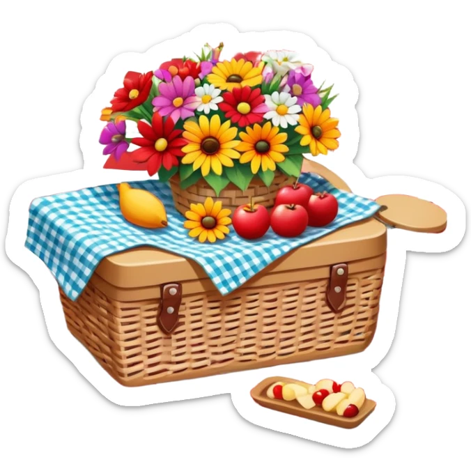 colorful bouquet of flowers on a red and white checkered picnic blanket with small picnic basket nearby sticker