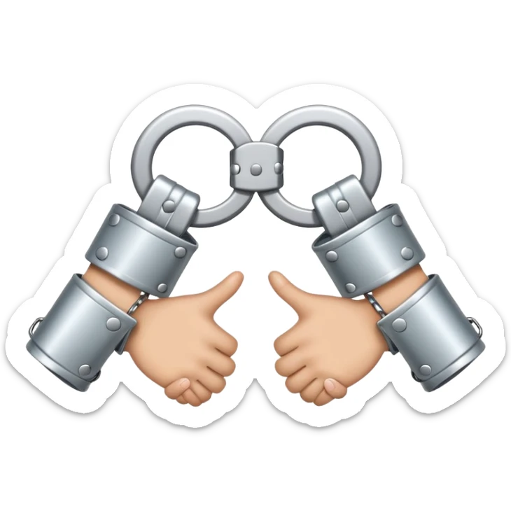 An emoji of two hands cuffed behind the back with metallic handcuffs. The wrists are slightly tilted inward, showing restraint. The handcuffs have a reflective silver surface, symbolizing arrest, punishment, or law enforcement. Simple, cartoon-style design sticker