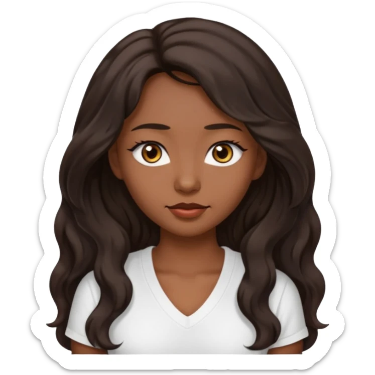 iOS style emoji A girl with very long dark brown wavy hair. And the eyes color is dark brown. And she is wearing white t shirt with V kneck. And she is 30. She is Asian with double eyelids  sticker
