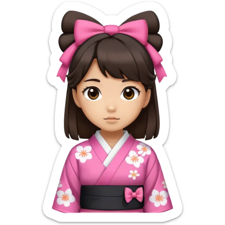 A girl wearing cute Japanese clothes, her hair is black and brown, her eyes are black, her skin is tanned, and she looks very cute, and she is wearing a hair bow on one side sticker