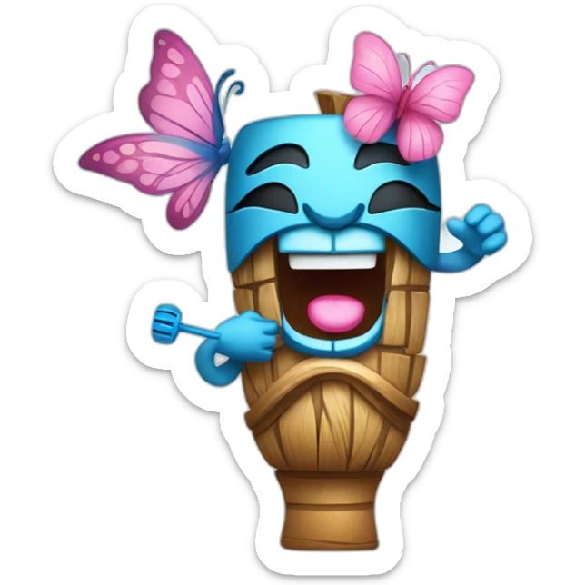 Cartoon Blue and pink tiki singing with butterfly and in the mikrophone sticker