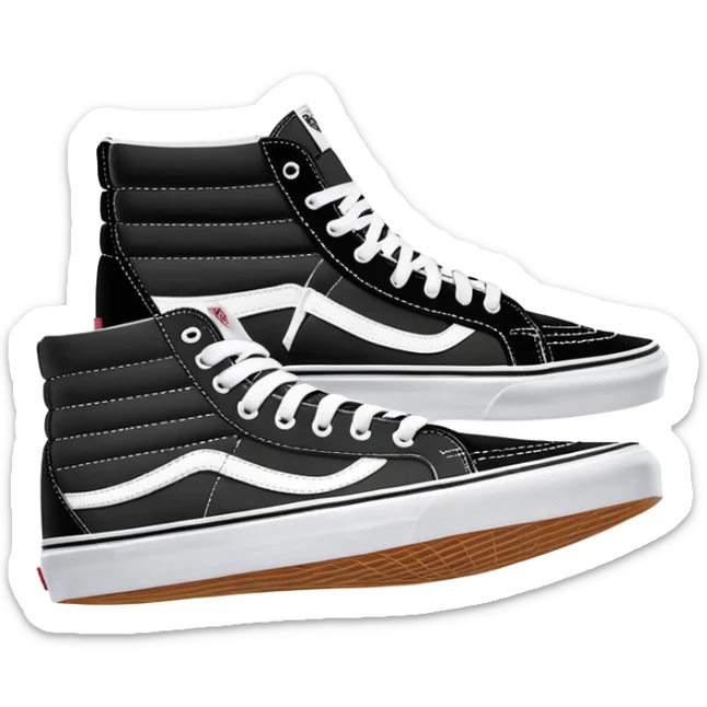 Pair of black Vans Sk8-Hi sneakers clearly arranged with one directly behind the other, high-top skate shoes with white jazz stripe, black canvas upper, white stitching, white rubber sole sticker