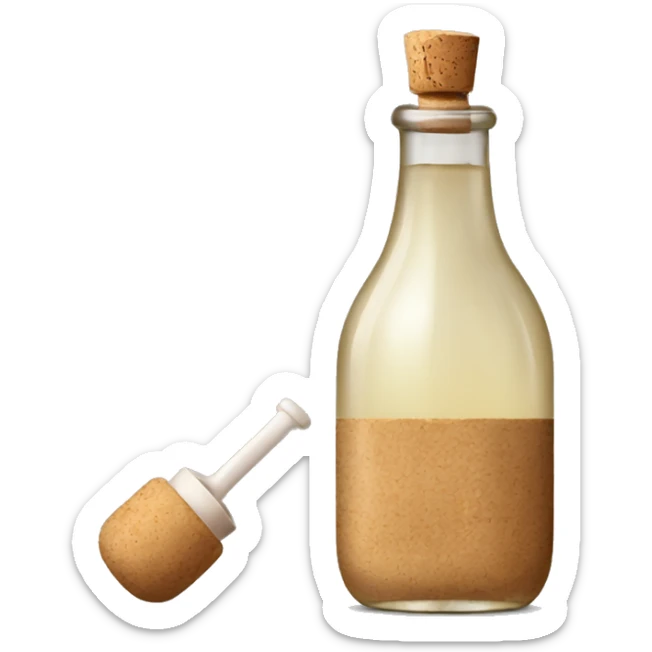 bottle of vinegar with the cork and a nozzle; spoon is laying neat the bottle sticker