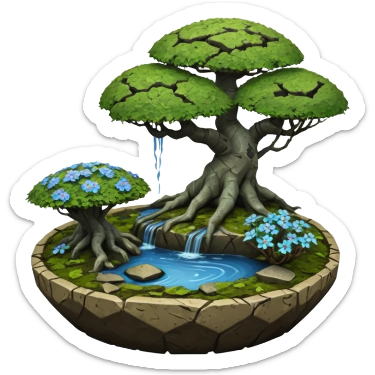Alien saucer jungle-vines mountain-island landscape antique mudman very old broken cracked intricate Stone Age rocky-crusted irregular dodecagon-shaped shallow dark moss rough bark blue serissa flowered maple tree bonsai pot sticker
