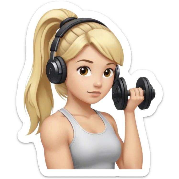 Blonde girl lifting weights, hair in a ponytail with brown beats headphones over ears sticker